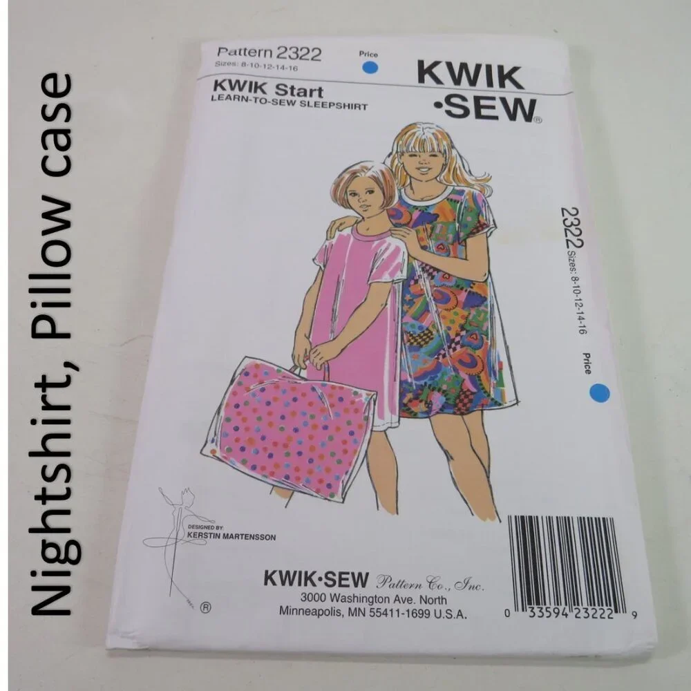 Kwik Sew 2322 sewing pattern sleepshirt, pillowcase EASY UNCUT night